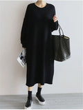 Autumn Winter Oversize Women's Knitted Dresses New O-Neck Side Split Loose Long Sleeve Sweater Dress Female