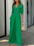 Purpdrank  Women's Solid Color Cotton Jumpsuit Elegant V Neck Long Sleeves Wide Leg Romper Casual Office Party One Piece Outfits