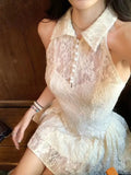 Purpdrank  Slim-fitting Temperament Cheongsam Lace Splicing Dress with Waist Slimming Summer New Retro Skirt