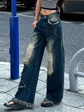 Purpdrank  High Street Denim Women's Long Trousers Retro Star Hollow Out Female Wide-leg Trousers Vintage High Waist Pockets Lady Pants