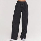Purpdrank  y2kPants Women Clothes Solid Color/Striped Elastic Waist Wide Leg Loose Trousers with Buttons Decor 2000s Streetwear