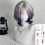 Purpdrank  Women's Gradient Pink Purple Short Bob Wig with Bangs Highlighted Top Dyeing Full Head Cover Fiber Mechanism Hair Extension