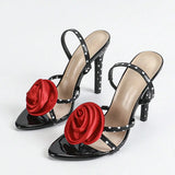 Purpdrank  Summer Fashion Silk Rose Flowers Open Toe Polka Dot Back Strap Sandal Woman Black High Heels Party Dress Shoes Size 35-43