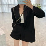 Purpdrank  Korean Chic Women Short Suits Autumn New Blazer + High Waist Wide Leg Shorts 2 Pieces Office Ladies Two Piece Jacket Outfits