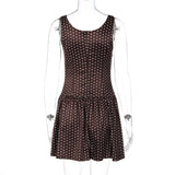 Purpdrank  New Brown Polka Dot Print Lace Spliced Cami Dress Women Summer Sexy Sleeveless Slim High Waist Mini Beach Party Dress