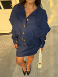Purpdrank  Women's Denim Dress Vintage Style Blue Turn Down Collar Long Sleeve Metal Buttons Slim Short Jeans Dress Casual Streetwear
