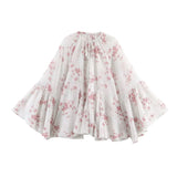 Purpdrank  Spring Summer White Pink Floral Print Flare Cuff Long Sleeve Pullover Shirt Women Bow O Collar Loose Short Blouses Femme Tops