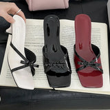 Purpdrank  High Quality Patent Leather Square Toe Bow Design Slippers Women Fashion Open Toe Thin Heel Slide Sandals Summer Elegant Sandals