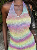 Purpdrank  Elegant V-neck Ruffle Edge Mini Dress Women Fashion Gradient Printed Knitted Dress Sexy Sleeveless Backless Slim Warp Hip Dress