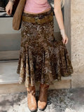 Purpdrank  Women's Vintage Brown Floral Print Maxi Skirt New Spring Summer Retro Style A Line Long Skirt Casual Boho Outfit No Belt