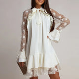 Purpdrank  Elegant Women Ruffle Edge Banquet Dress 2026 Flared Sleeve Solid Color Commuting Dress Fashion Lace Patchwork Holiday Mini Dress