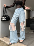 Purpdrank  Lace Spliced Ripped Jeans Female Vintage Fashion Loose Wide-leg Denim Trousers Casual Lazy Chic Light Blue Straight Pants Mujer