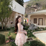 Purpdrank  Summer New Style Korean Version Slimming Pink Rose Print Hanging Neck Dress Short Princess Skirt No Sleeve High Waist