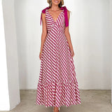 Purpdrank  Bow Tie Up High Waist Holiday Long Dress Sexy Sleeveless Pleated Suspender Dresses Women's V Neck Print Bohemian Dress Vestidos