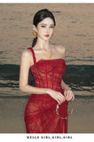 Purpdrank  Red Engagement Dress High-End Luxury Niche Heavy Lace Sexy Corset Bustier Dress Birthday Dress