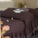 Purpdrank  Vintage French Large Ruffles Embroidery Wide Edge 100% Cotton Bedding Set Duvet Cover Flat/Fitted Bed Sheet Pillowcases 4Pcs