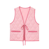 Purpdrank  2025 Women Fashion V Neck Plaid Print Lace Up Short Vest Jacket Lady Pockets Quilted Cotton WaistCoat Tops CT9214