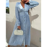 Purpdrank  S-XXL Women's Fashion V-neck Single Breasted  Long Party Dress Ladies Casual Printed Waist Comfortable Versatile Dress