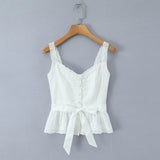 Purpdrank  New Holiday White Spliced Lace Strap Camis Women Summer Open Buttons Front Tie Bow Sashes Tank Tops V neck Ruffles Hem Crop Top