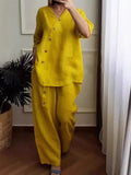 Purpdrank  Summer Fashion New Women's Elegant Cotton and Hemp Two Piece Set V-neck Loose Top Wide Leg Pants Commuter Set