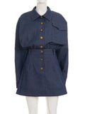 Purpdrank  Women's Denim Dress Vintage Style Blue Turn Down Collar Long Sleeve Metal Buttons Slim Short Jeans Dress Casual Streetwear