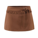 Purpdrank  Sexy Lacing up Bow Collar Camisole Tank Top +  Side Zipper Low Waist Wood ears Front A-lined Short Skirt 2 Pieces 1 Set Coffee