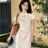Purpdrank  New Chinese Style Waistband Slimming And Improved Qipao Summer Dress New Women Short Sleeve Long Patry Dress
