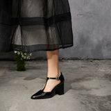 Purpdrank  New Fashion Lacquer Leather T-shaped Pumps Round Toe Square Heel Straw Shoes French High Heels One Button Baotou Sandals