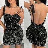 Purpdrank  Sexy Spaghetti Strap Backless Mini Dress Woman Sexy Pearl Diamond Sleeveless Ruched Prom Party Nightclub Birthday Bodycon Dress