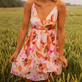 Purpdrank  Casual Loose Beach Vacation Dress Summer Sexy V-neck Floral Printed Halter Dress Elegant Backless Pleated Sleeveless Mini Dress