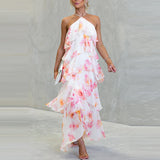 Purpdrank  Floral Print Off Shoulder Women's Beach Dress Summer Sweet Backless Party Dresses Stacked Ruffle Edge Design Holiday Long Dress