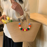Purpdrank  Portable Straw Woven Tote Bag Handmade Large Capacity Shoulder Bags Hollow Out Button Braided Underarm Bag Women