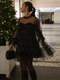 Purpdrank  Sexy Mesh See Through Mini Dress Women Shinny Sequin Flare Long Sleeve O-neck Dresses Female 2026 Spring Summer Lady Robe
