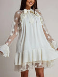 Purpdrank  Elegant Women Ruffle Edge Banquet Dress 2026 Flared Sleeve Solid Color Commuting Dress Fashion Lace Patchwork Holiday Mini Dress
