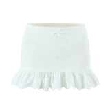 Purpdrank  Y2K Spliced Embroidery Lace Ruffles Hem Package Hips Mini Skirt Sexy Low Waist Short Skater Skirts With Shorts Lining Black