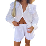 Purpdrank  Women Ruffles Set Long Puff Sleeve Babydoll Blouse Shirt Coquette Eyelet Shorts Set 2 Piece Outfit 90s Vintage Y2k Streetwear