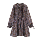 Purpdrank  Women Black Floral Print Flare Long Sleeve Chiffon Dress Stand Collar Slit Backless Ruffles Hem Mini Shirt Dresses Robe