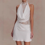 Purpdrank  White Hollow Out Sleeveless Satin Women's Dress New Temperament Slim Fit Party Dresses Lace Patchwork Sleeveless Evening Dress