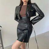 Purpdrank   Pu Leather Skirt Female Black High Waist Split Hot Girl Midi Skirts Autumn Winter Slim Streetwear Strappy A-line Sexy Skirt