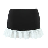 Purpdrank  Y2K Spliced Embroidery Lace Ruffles Hem Package Hips Mini Skirt Sexy Low Waist Short Skater Skirts With Shorts Lining Black