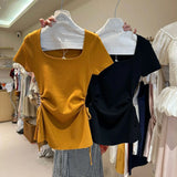 Purpdrank  Korean Pleated Square Collar T Shirt Women Summer New Fashion Drawstring Knitting Tops Korean Chic Slim Folds Female Tees