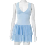 Purpdrank  Summer Sleeveless Mini Dress Women Clothing Solid Color V-neck Sexy Bodycon Pleated Dress High Waist Open Back Vestidos