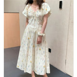 Purpdrank  Summer Bohemian Floral Printed Women's A-line Dress 2025 New V-neck Puff Sleeve Casual Loose Umbrella Long Dress Female