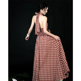 Purpdrank  Vintage Plaid Long Dress Women Vacation Beach Sexy Halter Floral Maxi Dresses Summer Korean Backless Bodycon Vestidos New