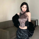 Purpdrank 2025 Spring New Bow Halter Camisole Mujer Sexy Slim Fit Fluffy Vest for Women Y2k E-Girl Sleeveless Bottoming Tank Top