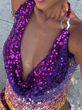 Purpdrank  Summer Elegant Deep V-neck Crop Top Women Fashion Colorful Shinny Sequined Beach Blouse Casual Sleeveless Hollow Party Tee