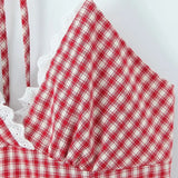 Purpdrank  Sexy Red White Plaid Spliced Lace Lacing Up Bow Halter V Collar Mini Dress Women Ruffles Hem A-line Short Dresses Robe Vestidos