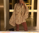 Purpdrank  Women's Printed Loose and Fashionable Casual Dress with Bubble Sleeves and Lace Up High-end A-line Skirt