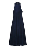 Purpdrank  Women's Evening Dresses Halter Backless Long Dress Autumn Female Velvet Sleeveless Slim Pleat Partywear Chic Ladies Vestido