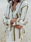 Purpdrank  Women's Shirts Summer Decent Simple Daily Stripes Single Breasted Button Front Cuff Sleeve Half Open Collar Casual Shirts